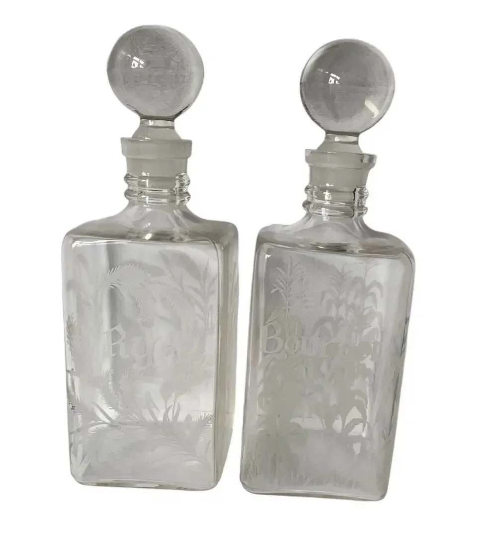 2 Vintage Etched Glass Decanters Thistle Rye Bourbon Bar BOTTLES STOPPERS SET